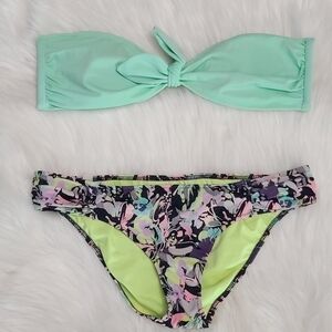 Multiples Mint Bandeau Top with Floral Multi-Color Bikini Bottoms